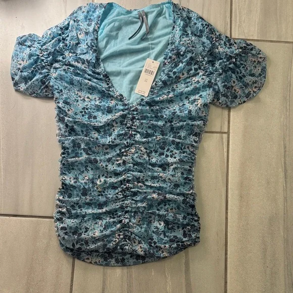 Anthropologie Blue Floral V-Neck Blouse - Picture 5 of 6